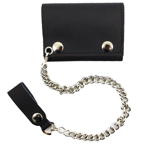 Leather Tri-Fold Pocket Wallet with Chain - Black