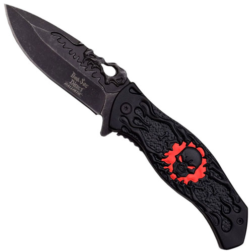 Dark Side Stonewashed Blade Skull Handle Folding Knife