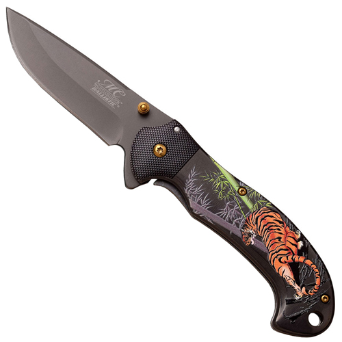 Masters Collection Embossed Tiger on Handle Ballistic Folding Knife