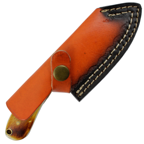 Damascus Fixed Knife Amber Bone w/Sheath