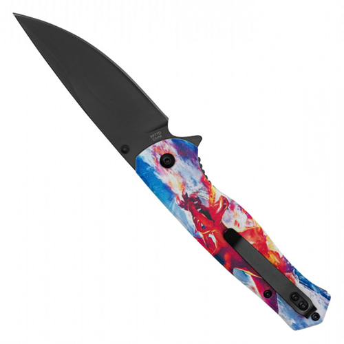 Red Dragon Etched Black Steel Blade - Red Dragon Print Handle