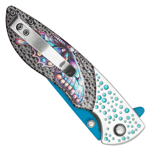 Wartech Dotted Pink Butterfly Blue Steel Drop Point Blade - Dotted Pink Butterfly Handle Handle