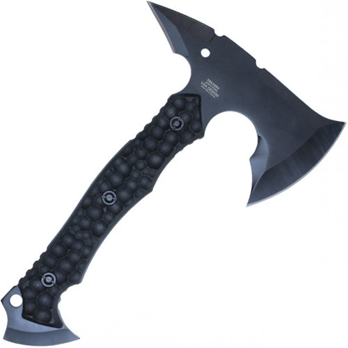 Unleash power with the Neptune Skull Crusher Axe, measuring 9.75 inches. Featuring a sleek black design and included sheath, it's a formidable tool for outdoor adventures.