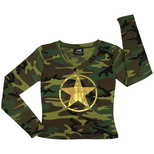 Womens Long Sleeve V-Neck Foil Star On Front T-Shirt