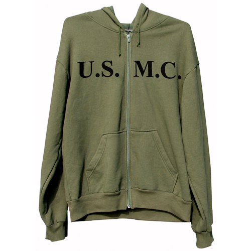 Mens Olive Drab U.S.M.C. Zipper Hooded Sweatshirt