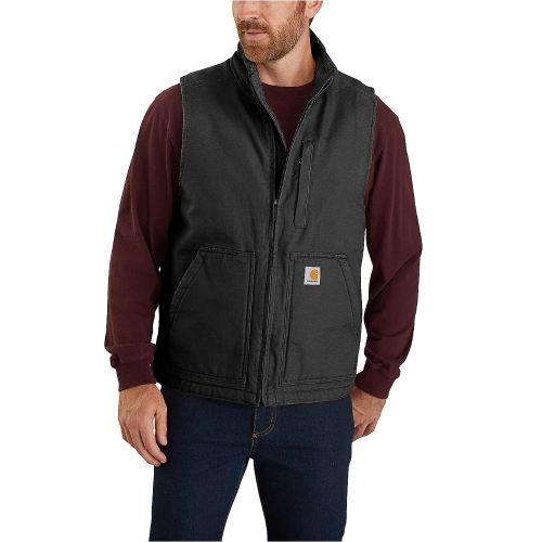 Loose Fit Washed Duck Sherpa-Lined Mock-Neck Vest - Dark Brown