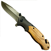 Reskure Folding Knife - Wood w/ Glass Breaker & Belt Cutter 