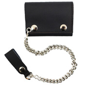 Leather Tri-Fold Pocket Wallet with Chain - Black