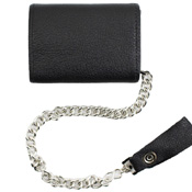 Genuine Leather Tri-Fold Wallet with Chain - Black