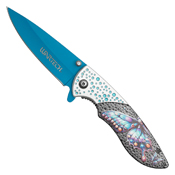 Wartech Dotted Pink Butterfly Blue Steel Drop Point Blade - Dotted Pink Butterfly Handle Handle