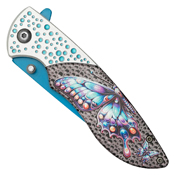 Wartech Dotted Pink Butterfly Blue Steel Drop Point Blade - Dotted Pink Butterfly Handle Handle