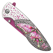 Wartech Dotted Pink Butterfly Blue Steel Drop Point Blade - Dotted Pink Butterfly Handle Handle