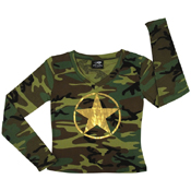 Womens Long Sleeve V-Neck Foil Star On Front T-Shirt