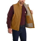Loose Fit Washed Duck Sherpa-Lined Mock-Neck Vest - Dark Brown